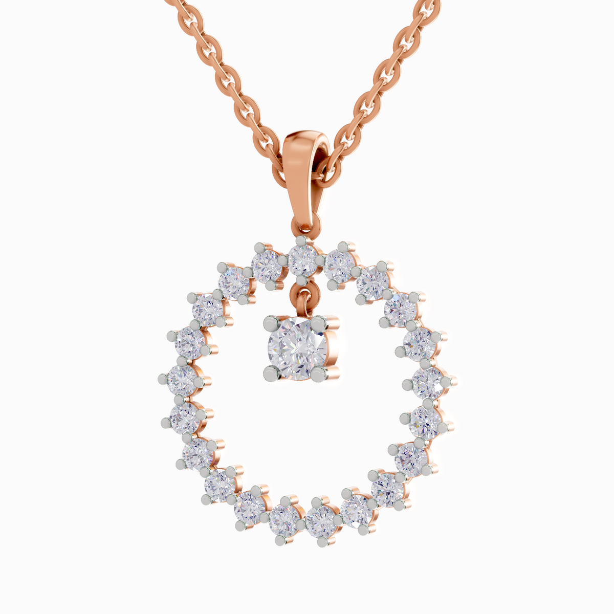 Rose gold heart-shaped diamond pendant on a white background