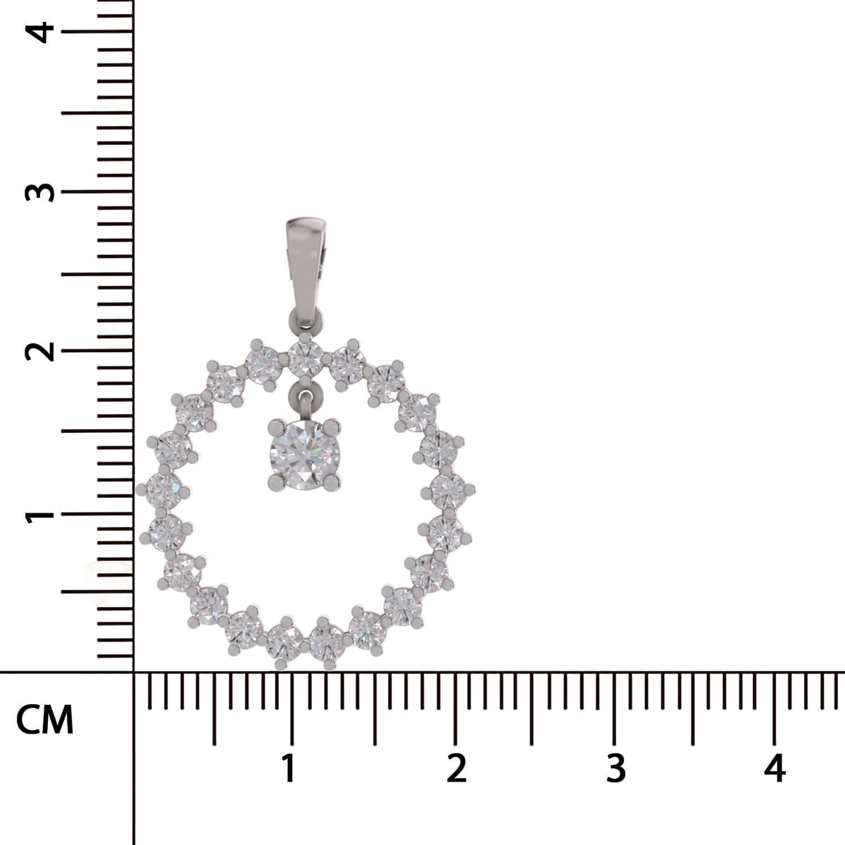 A silver-tone pendant and matching stud earring set with clear stones, shown on a white background with a centimeter ruler for scale.