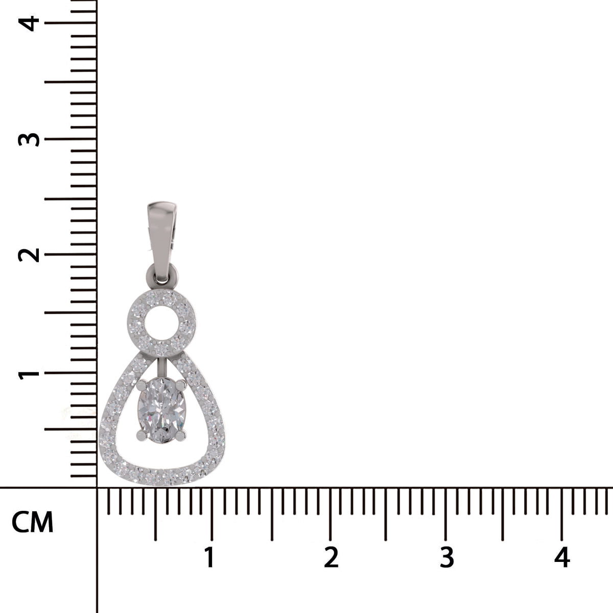 A silver pendant with a clear central gemstone and pavé-set stones, shown next to a centimeter ruler for scale on a white background.