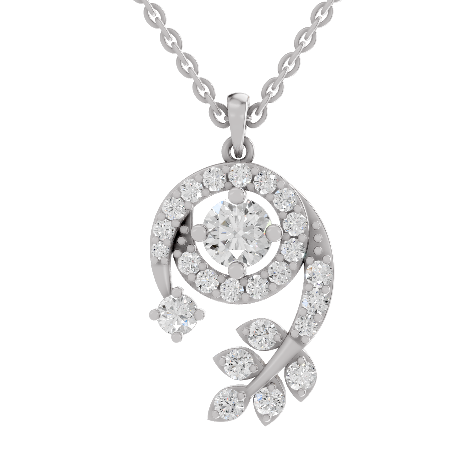 1.72 Carat Diamond Spiral and Leaf Pendant Necklace 14K - White Gold
