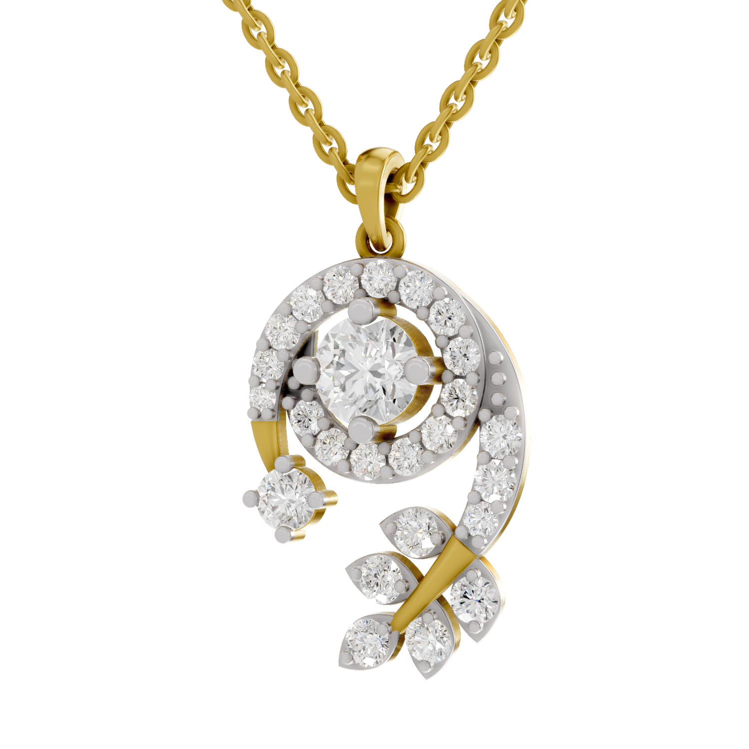 1.72 Carat Diamond Spiral and Leaf Pendant Necklace 14K