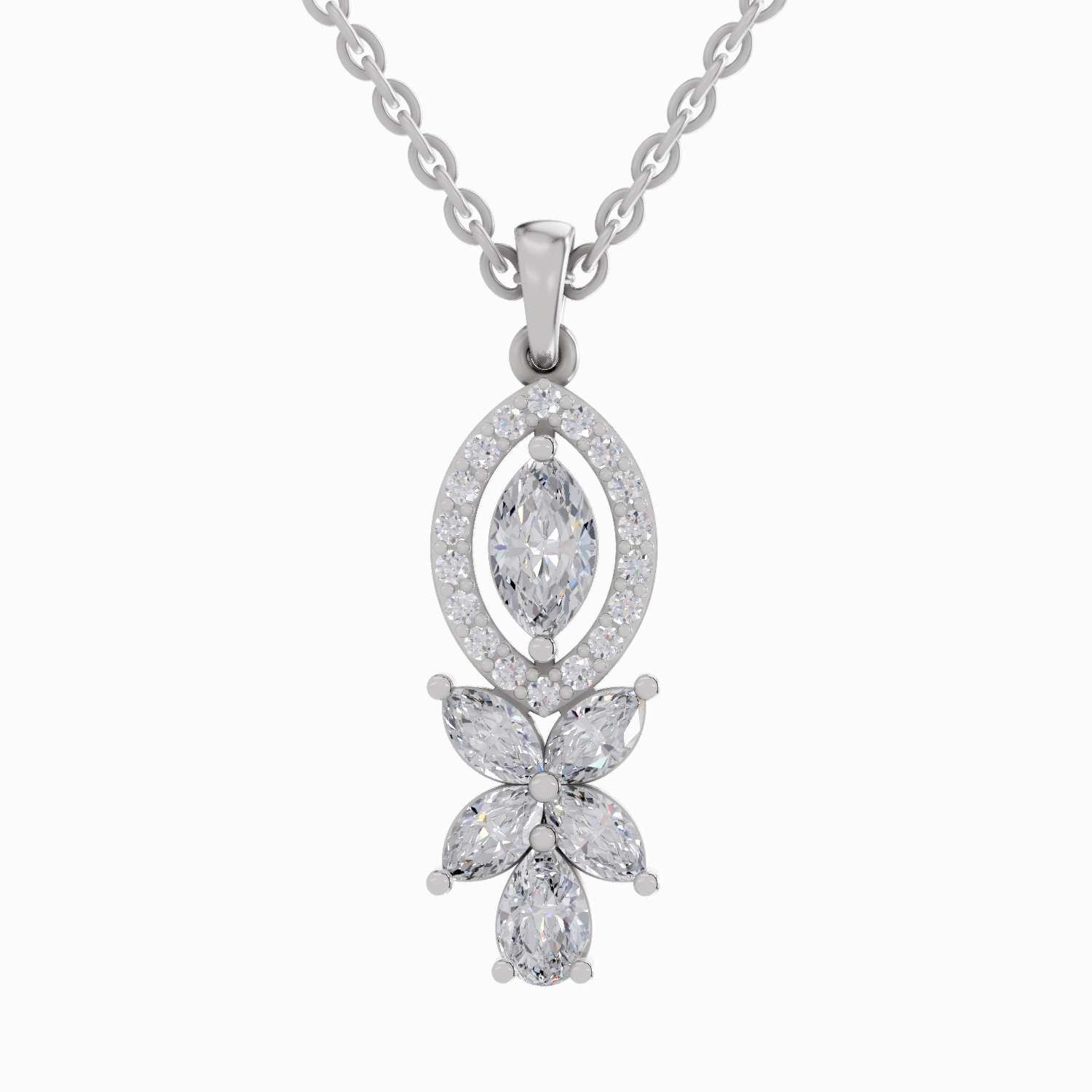 1.39 Carat Marquise and Floral Diamond Pendant Necklace 14K - White Gold