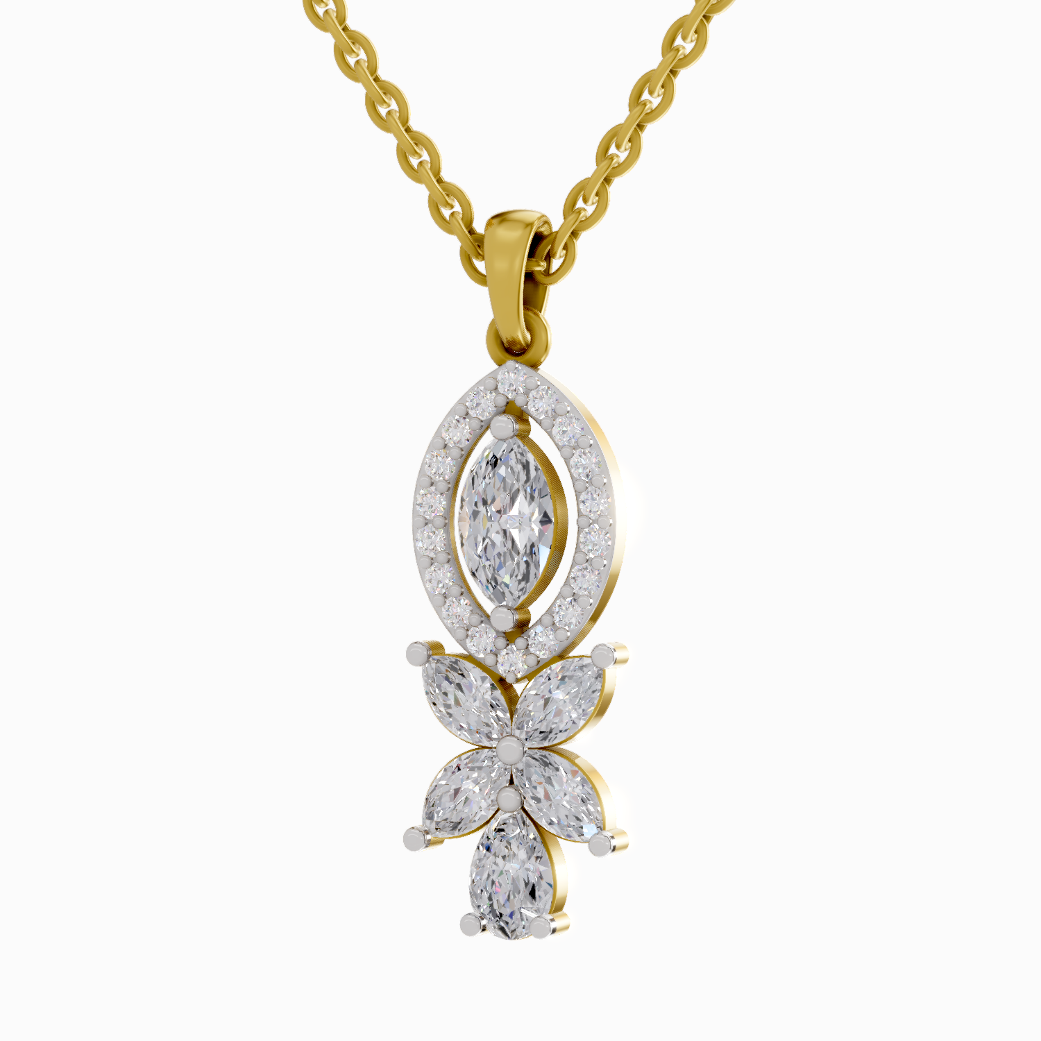 1.39 Carat Marquise and Floral Diamond Pendant Necklace 14K