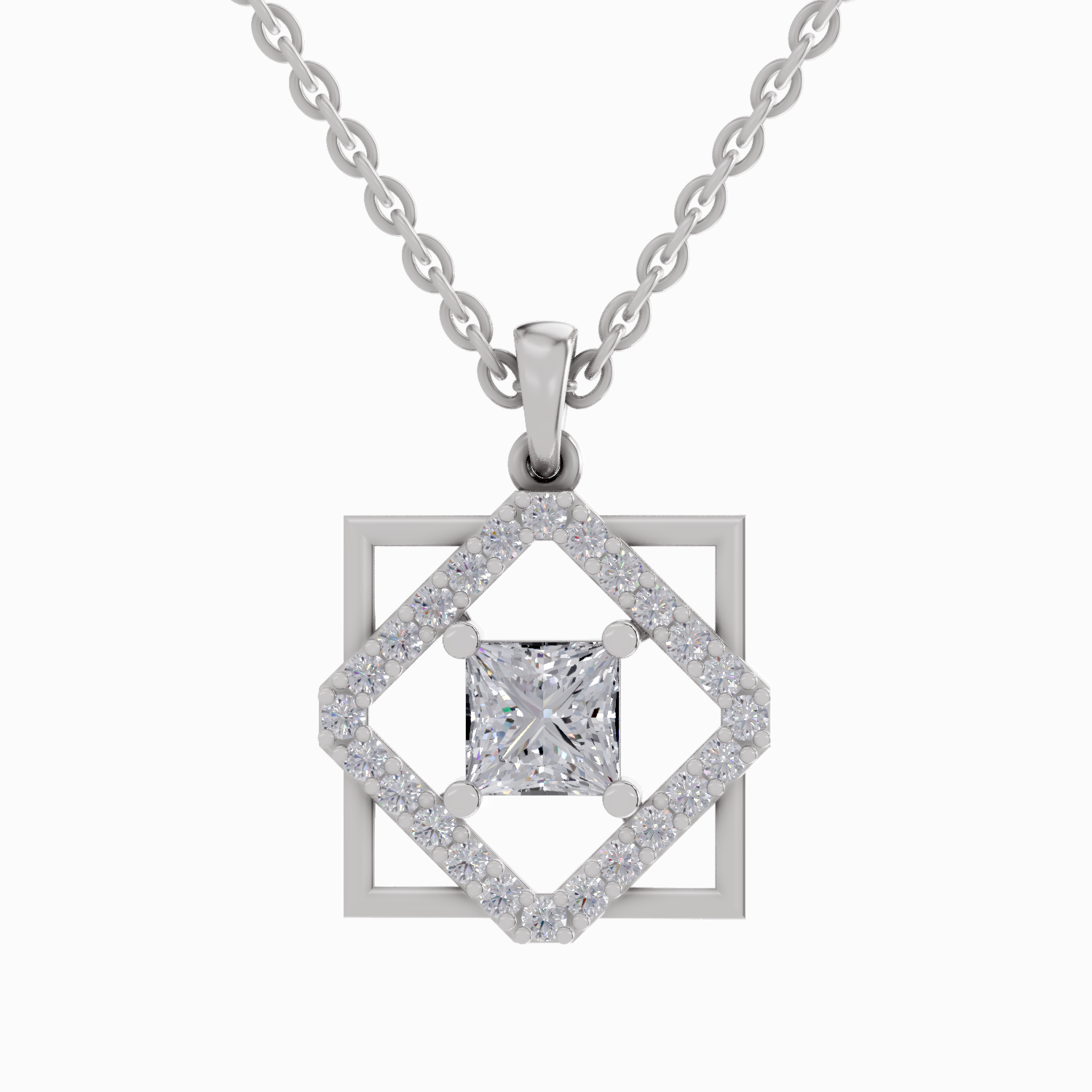 1.63 Carat Princess Cut Diamond Pendant Necklace 14K - White Gold