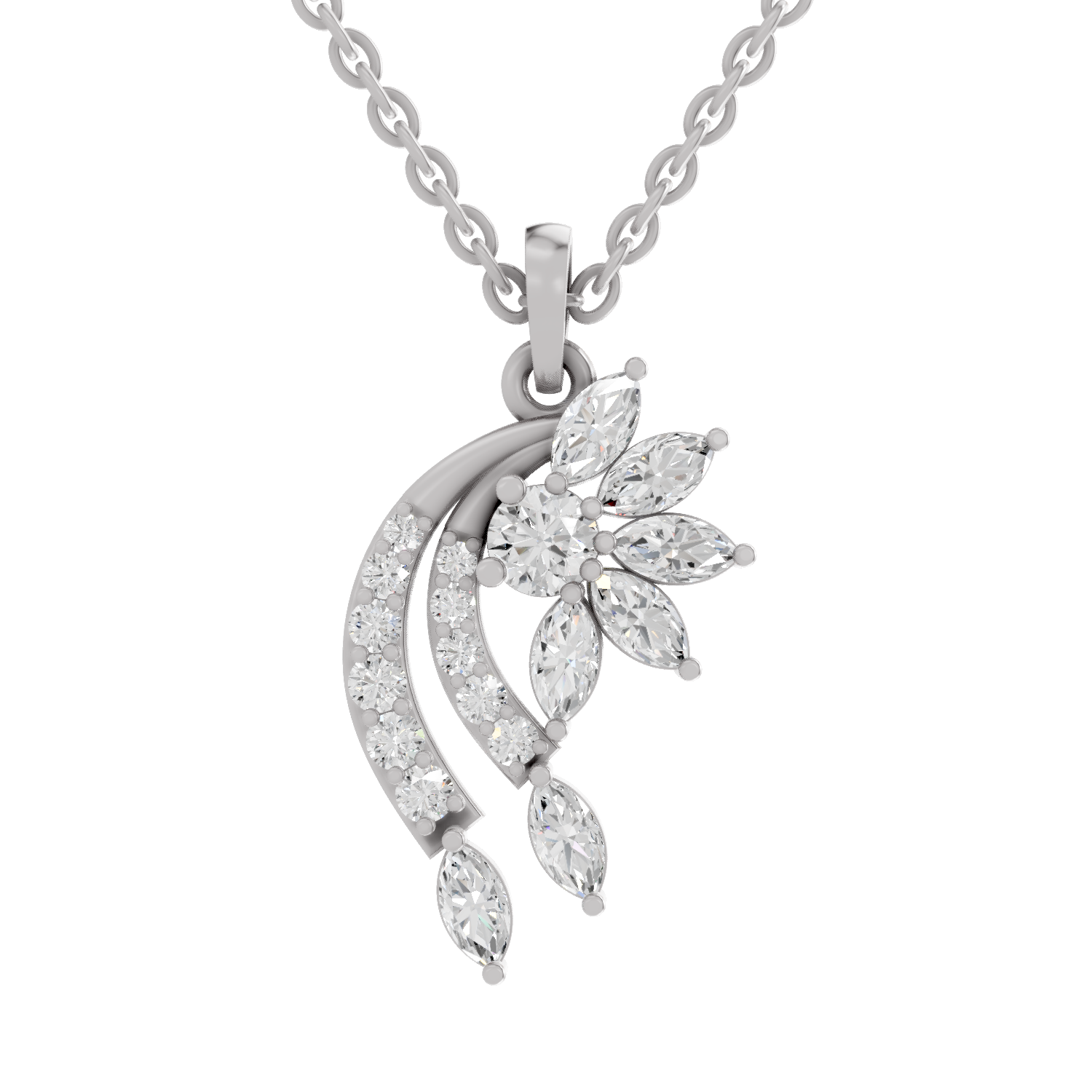 1.79 Carat Diamond Floral and Cascade Drop Pendant Necklace 14K - White Gold