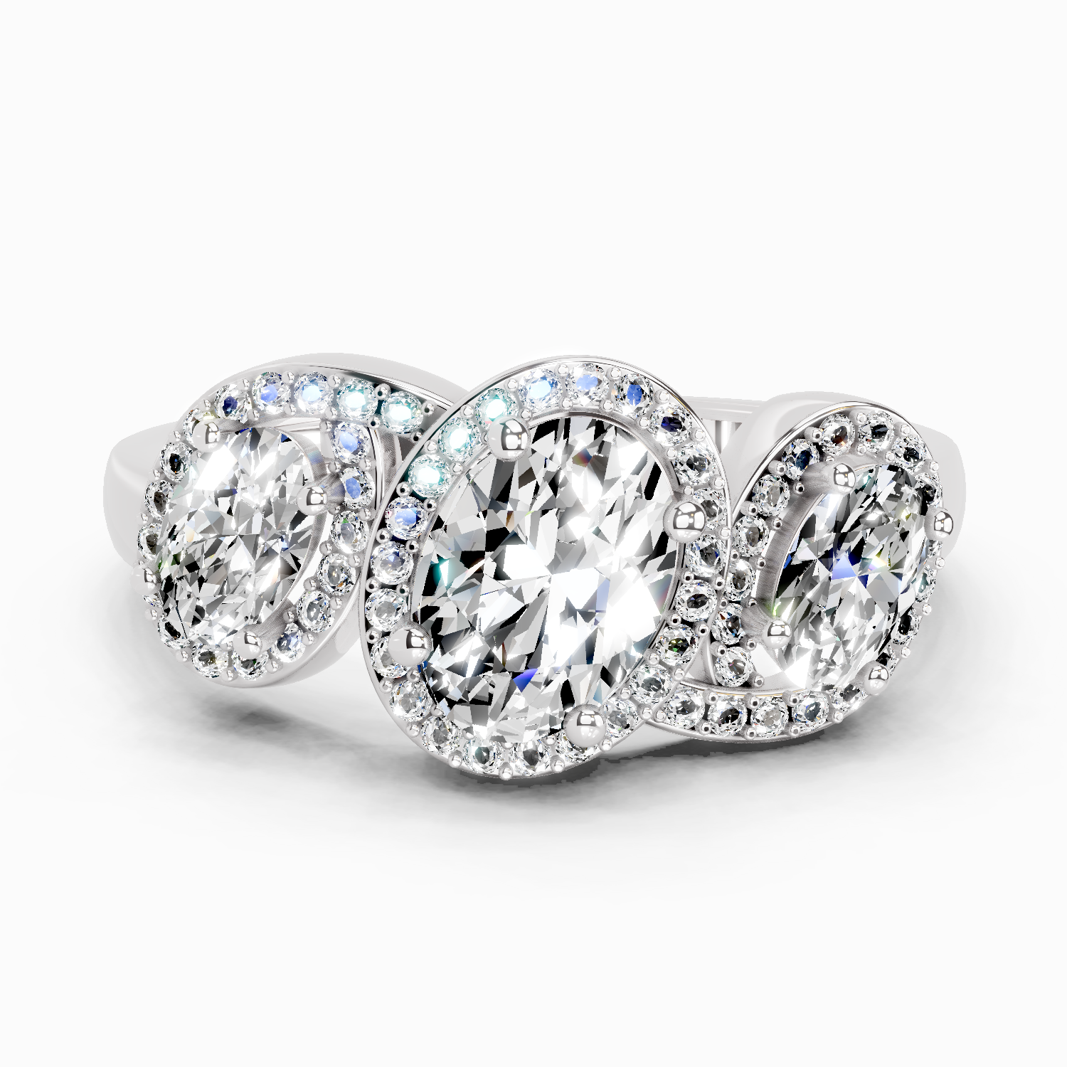 2 Carat Oval Three-Stone Halo Ring