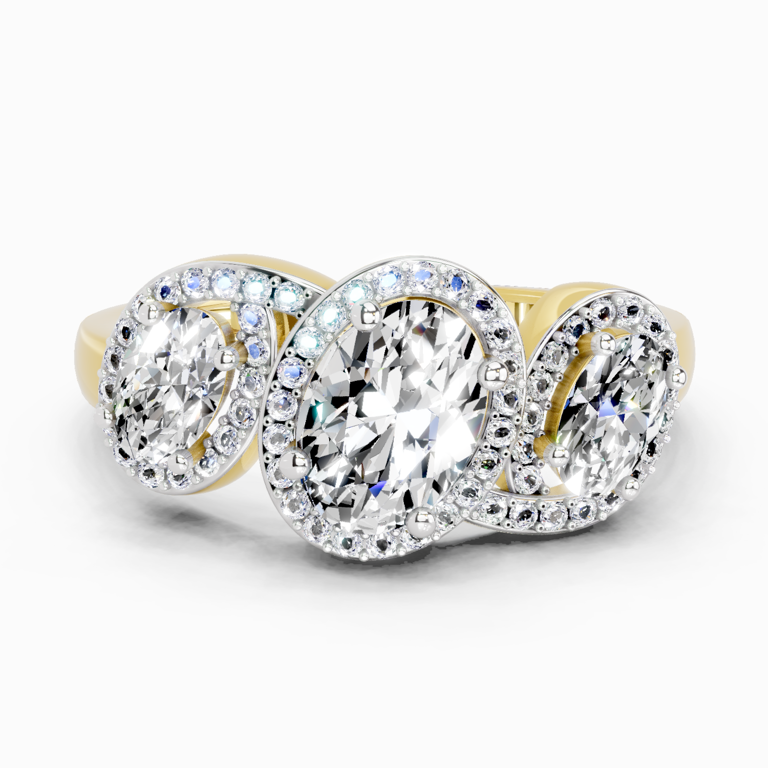2 Carat Oval Three-Stone Halo Ring