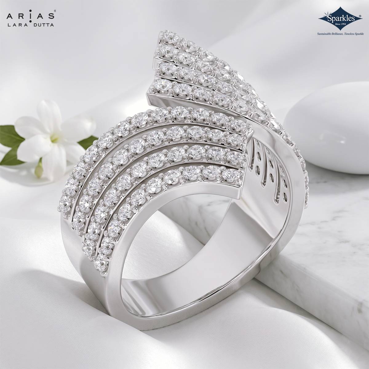 Arias by Lara Dutta Multi-Row Pave Diamond Wave Statement Ring