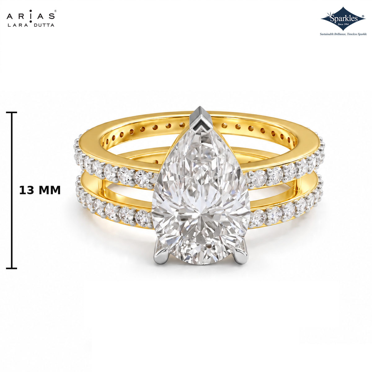 A double-band engagement ring set featuring a large pear-cut center stone in a silver-toned setting, with gold-toned bands accented by pavé-set round diamonds. The image includes a 13 mm height measurement marker on the left and brand logos for Arias Lara Dutta and Sparkle in the corners.