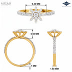 A yellow gold and white diamond ring shown from multiple angles with measurement callouts. The top view shows a starburst cluster with a 9.
