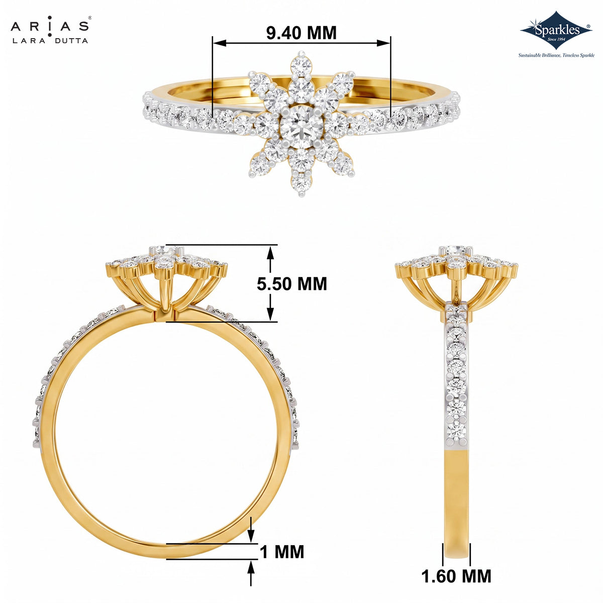A yellow gold and white diamond ring shown from multiple angles with measurement callouts. The top view shows a starburst cluster with a 9.