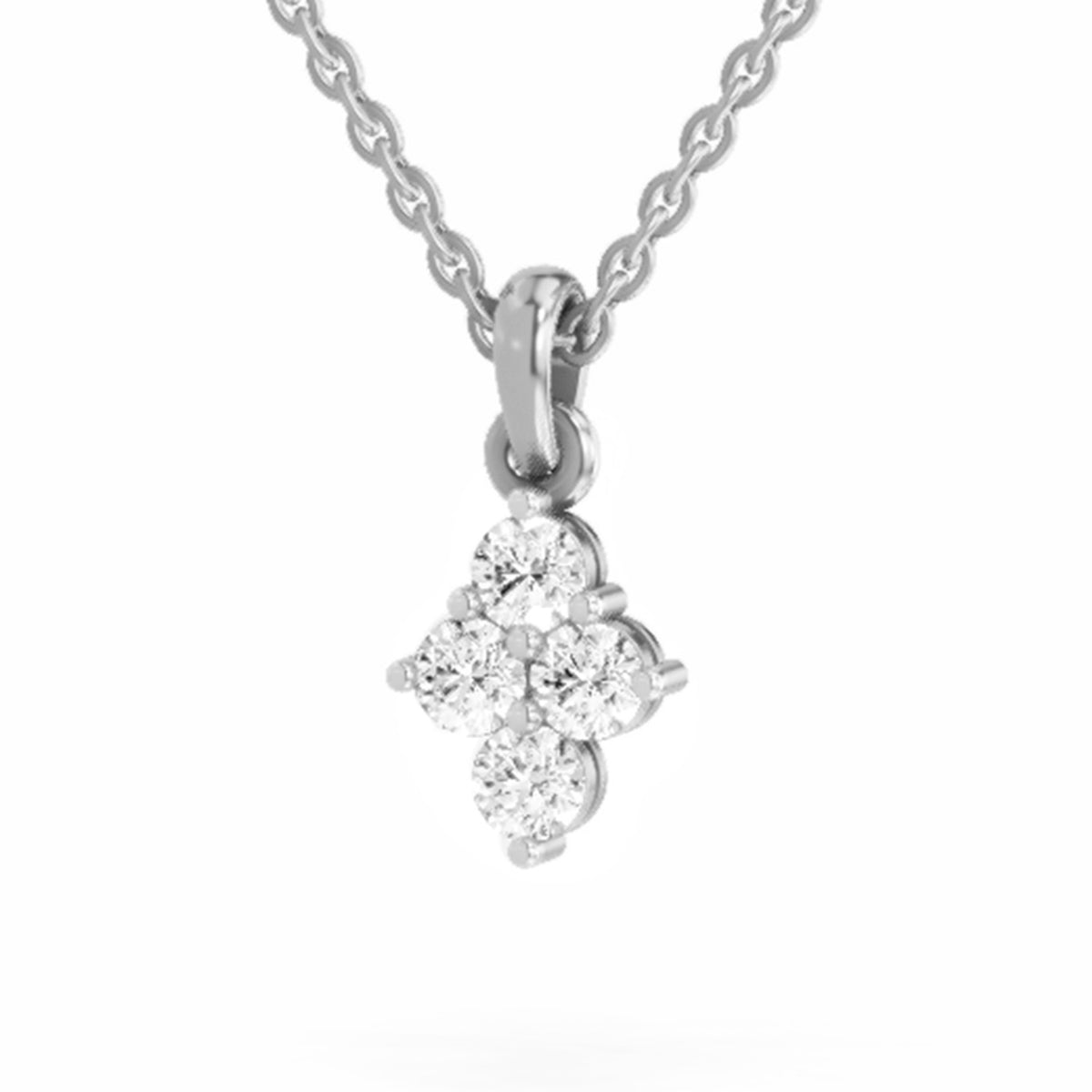 A silver-tone or white gold pendant necklace featuring a small floral or clover-like cluster of clear gemstones on a delicate chain, shown against a plain white background.