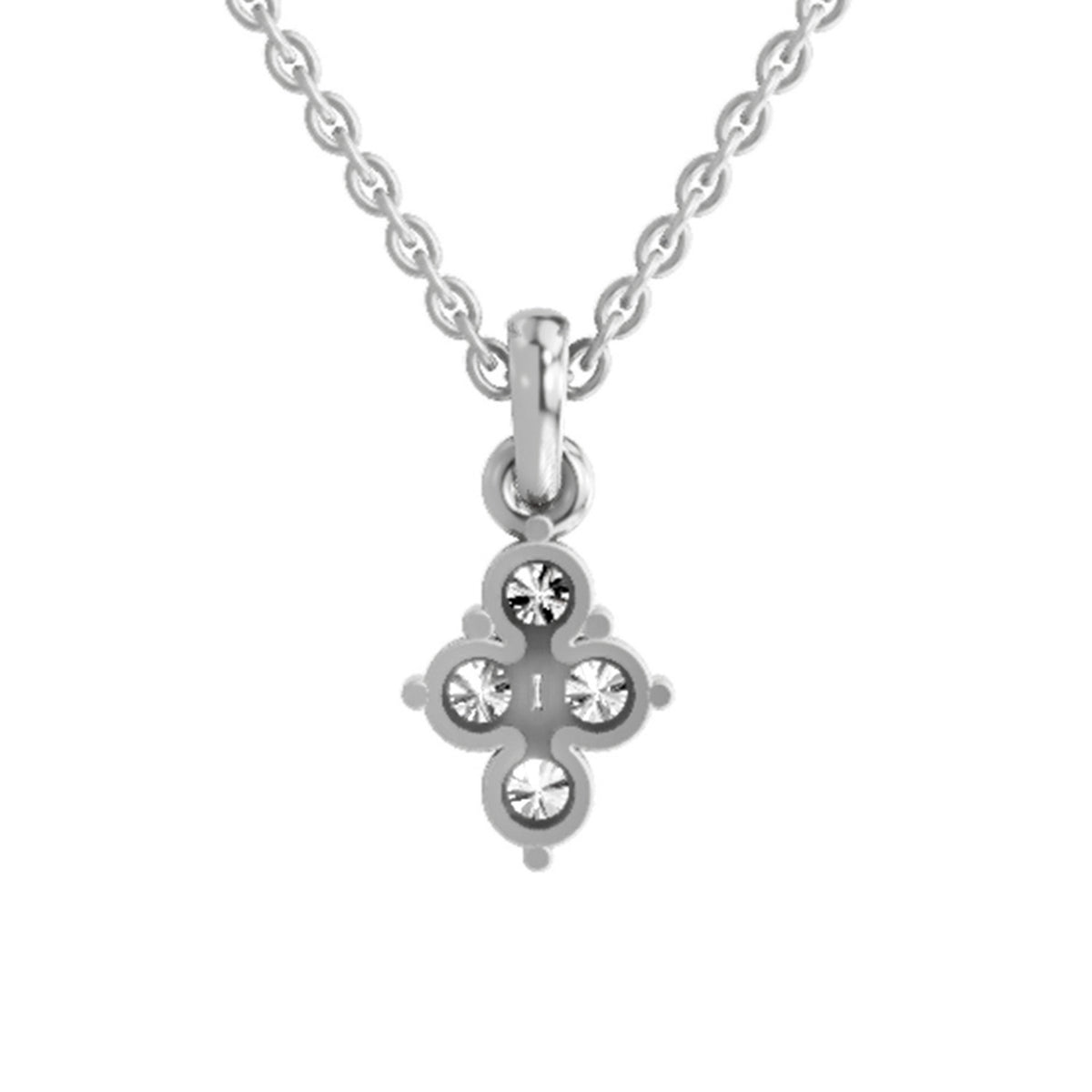 A silver-toned necklace with a delicate chain and a small pendant featuring four clear gemstones arranged in a cross or clover-like shape on a plain white background.