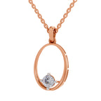 A rose gold necklace with an open oval pendant featuring a single round-cut clear gemstone, shown against a plain white background.