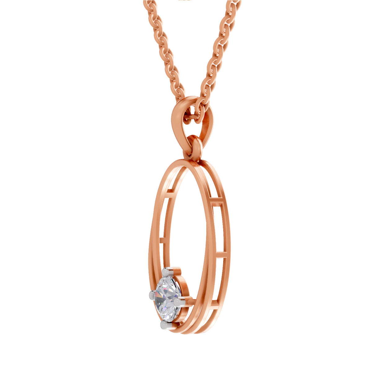 Rose gold necklace with a geometric oval pendant featuring a small clear gemstone, shown on a plain white background.