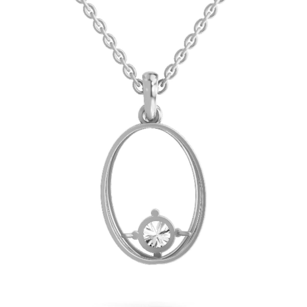 A silver oval pendant necklace featuring a small clear round-cut gemstone at the bottom center, suspended from a silver chain on a white background.