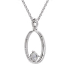 A silver-toned necklace featuring an open oval pendant with a small clear gemstone set in the center, suspended from a matching chain against a plain white background.