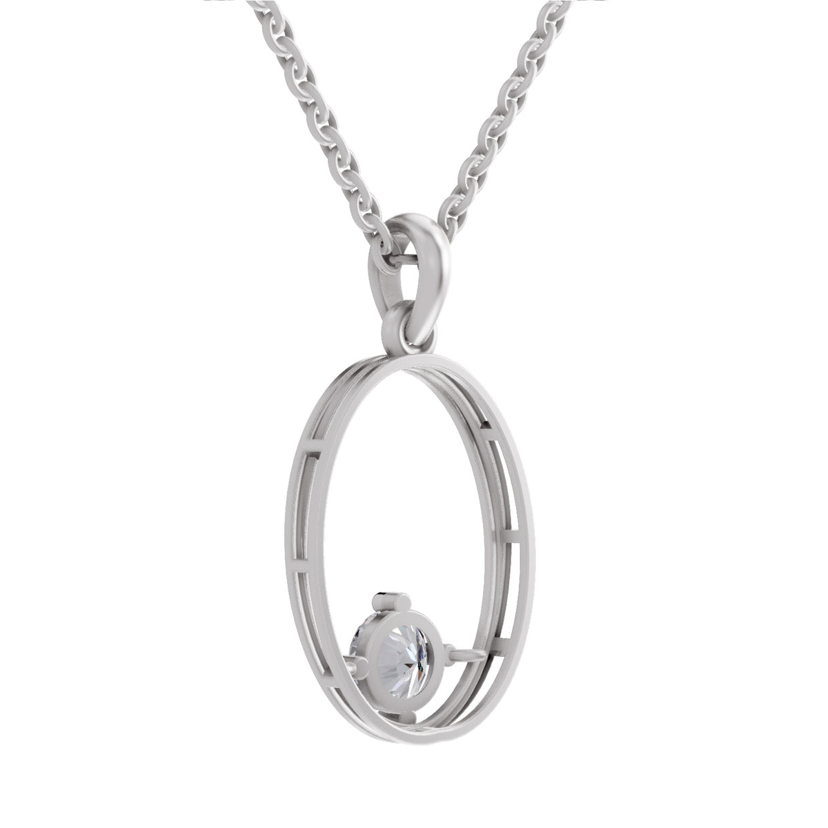 A silver-toned necklace featuring an open oval pendant with a small clear gemstone set in the center, suspended from a matching chain against a plain white background.