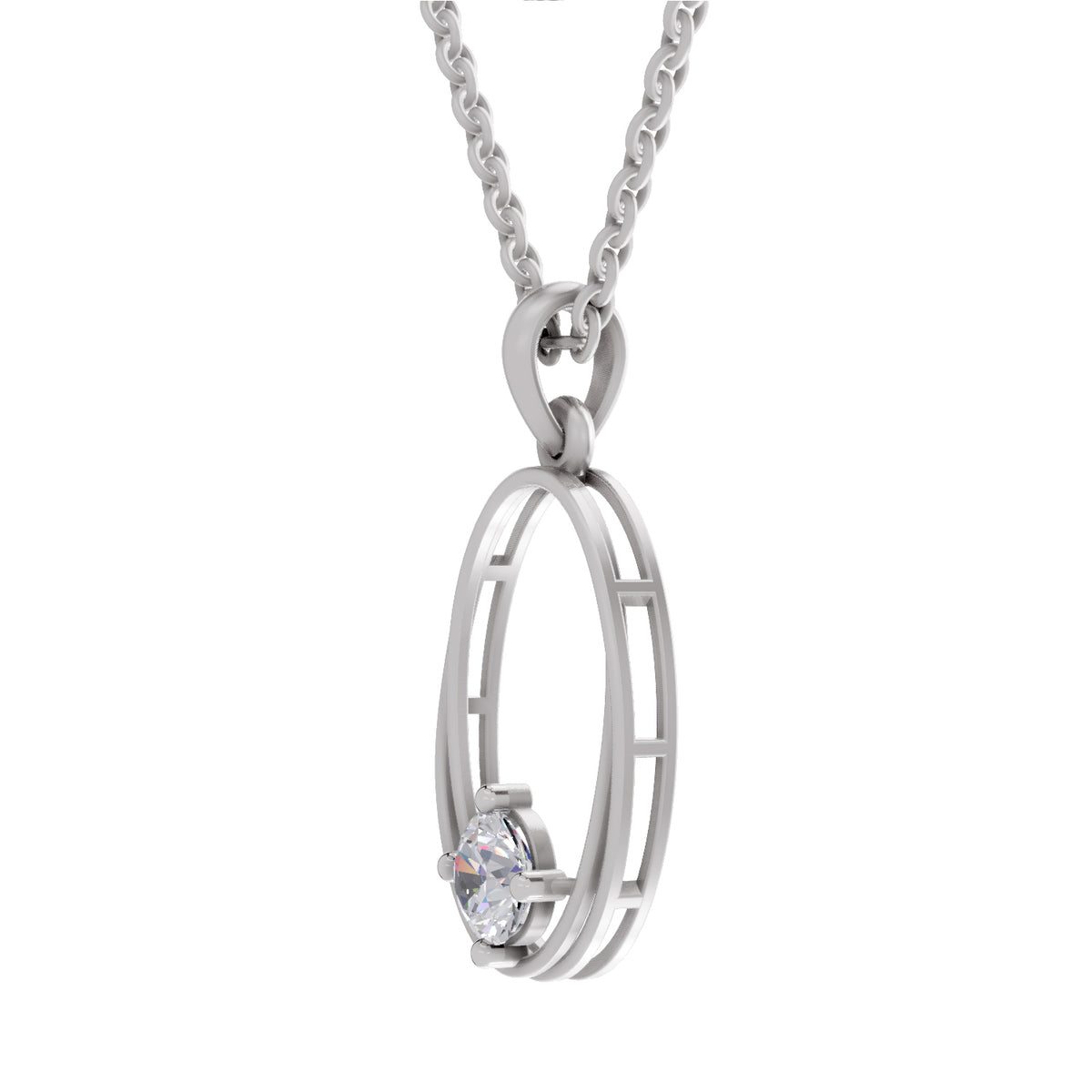 A silver-toned oval pendant necklace featuring a single round clear gemstone in a prong setting, suspended from a matching chain against a plain white background.