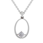 A silver oval pendant necklace featuring a single round-cut clear gemstone in a prong setting, suspended from a silver link chain against a plain white background.