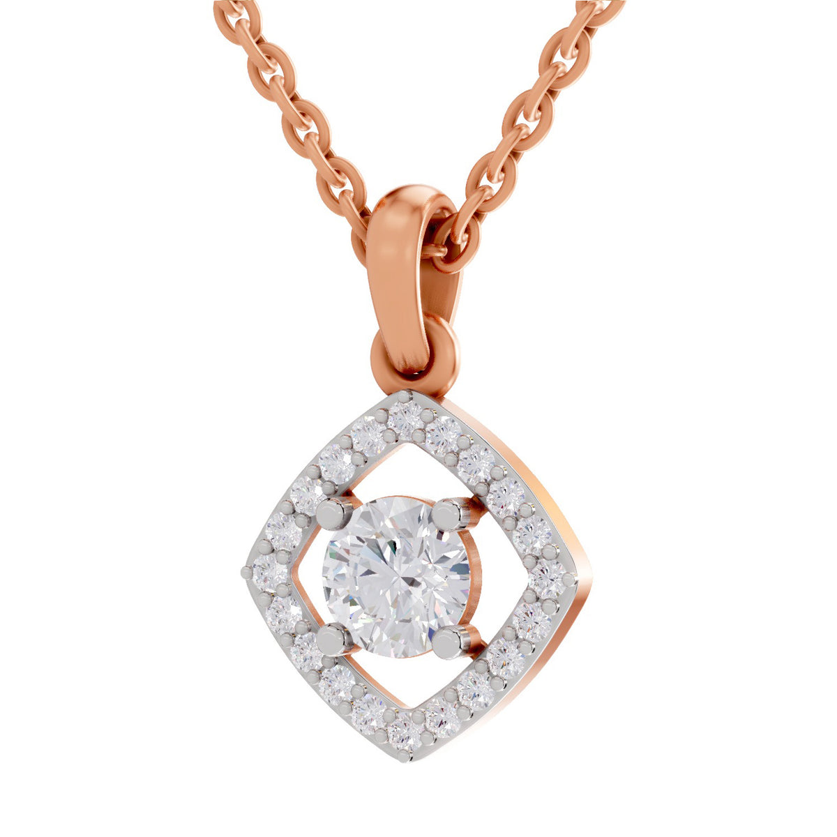 A rose gold diamond pendant necklace featuring a central round-cut diamond surrounded by a double halo of smaller diamonds in a square diamond-cut setting, suspended from a matching rose gold chain on a white background.