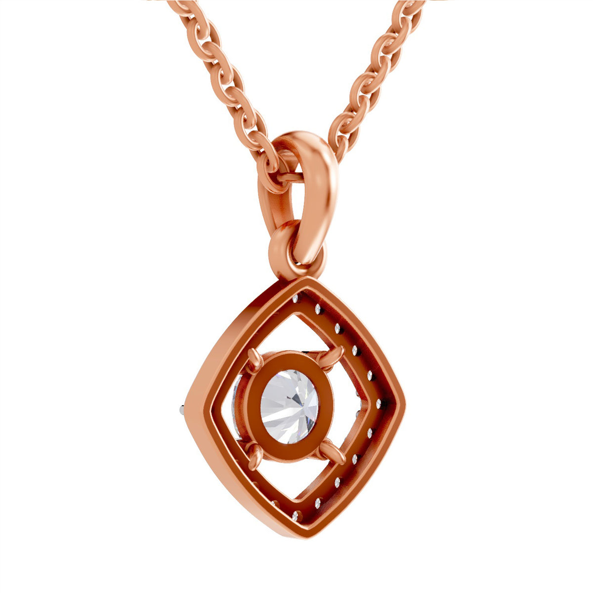 Rose gold geometric pendant necklace with a clear round-cut gemstone, shown on a white background.