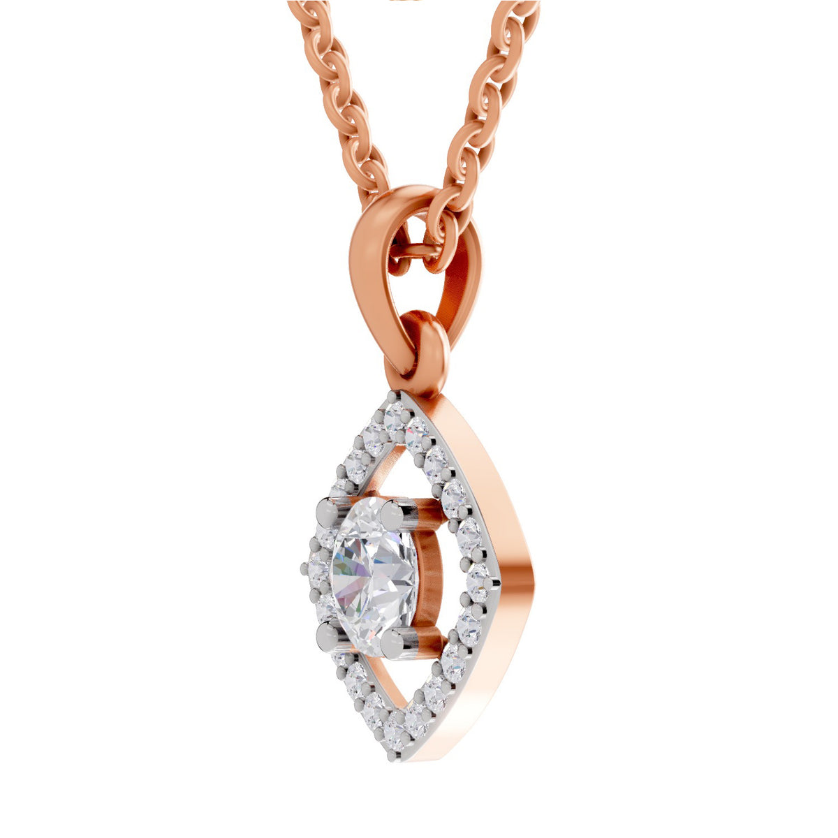 Rose gold evil eye pendant necklace with a clear oval center stone and surrounding small clear stones, shown on a white background.
