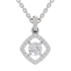 A silver pendant necklace featuring a diamond-shaped halo with a central round clear gemstone and smaller surrounding stones, suspended from a silver chain on a white background.