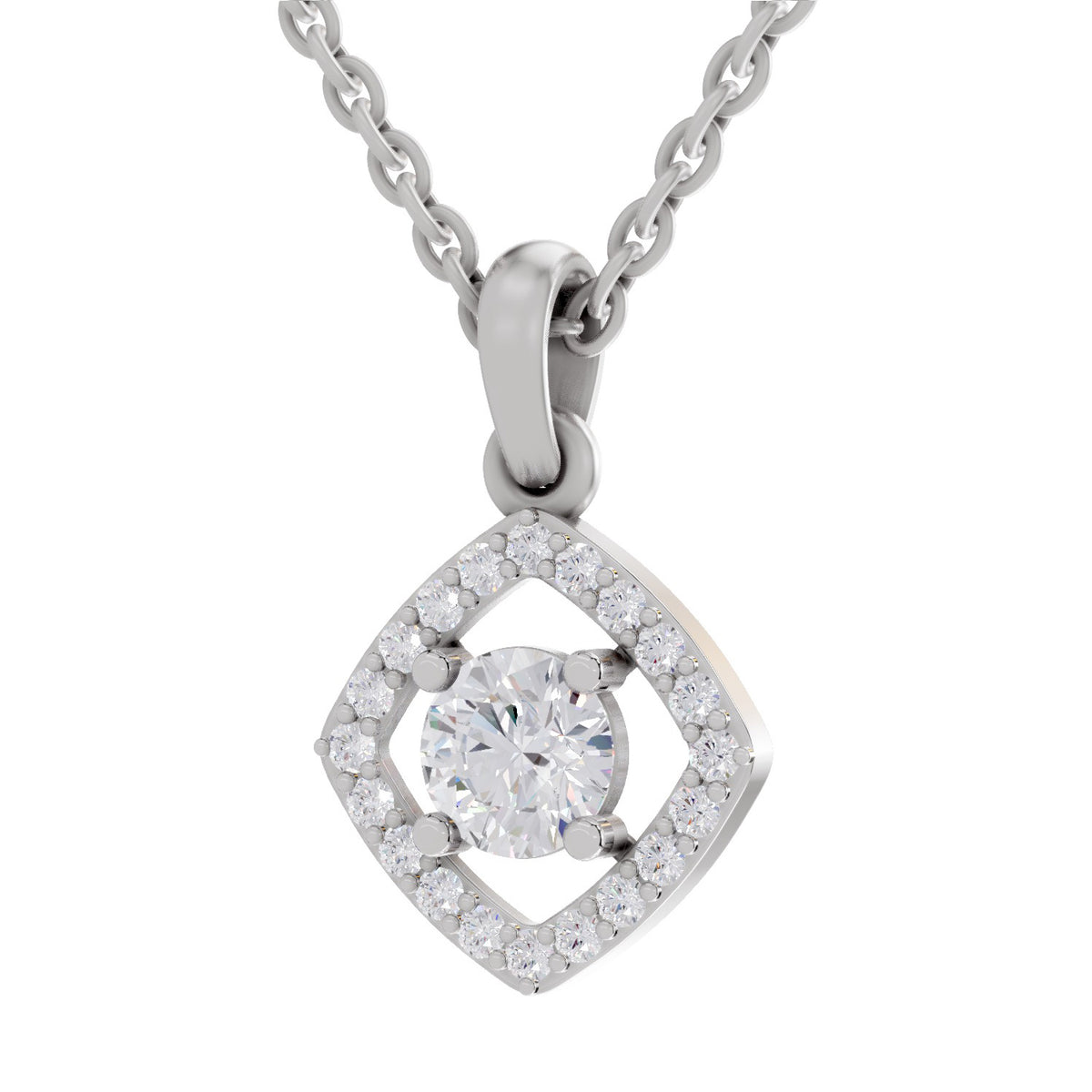 A silver diamond pendant necklace featuring a central round-cut clear gemstone surrounded by a halo of smaller diamonds, suspended from a classic link chain on a white background.