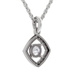 A silver-toned necklace featuring a geometric diamond-shaped pendant with an openwork frame and a clear round-cut gemstone at the center, suspended from a matching chain against a plain white background.