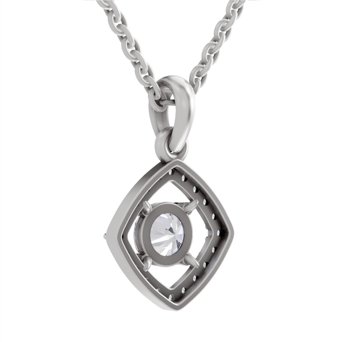 A silver-toned necklace featuring a geometric diamond-shaped pendant with an openwork frame and a clear round-cut gemstone at the center, suspended from a matching chain against a plain white background.