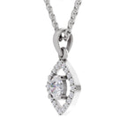 A silver-tone eye-shaped pendant necklace with a central round iridescent gemstone surrounded by small clear stones, hanging from a matching chain on a white background.