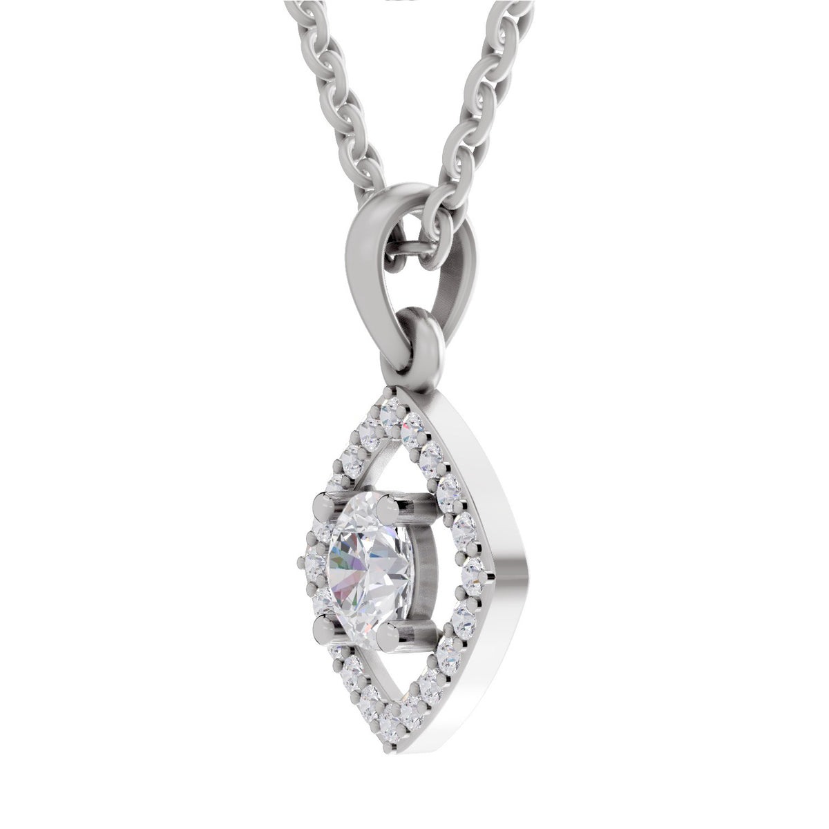 A silver-tone eye-shaped pendant necklace with a central round iridescent gemstone surrounded by small clear stones, hanging from a matching chain on a white background.