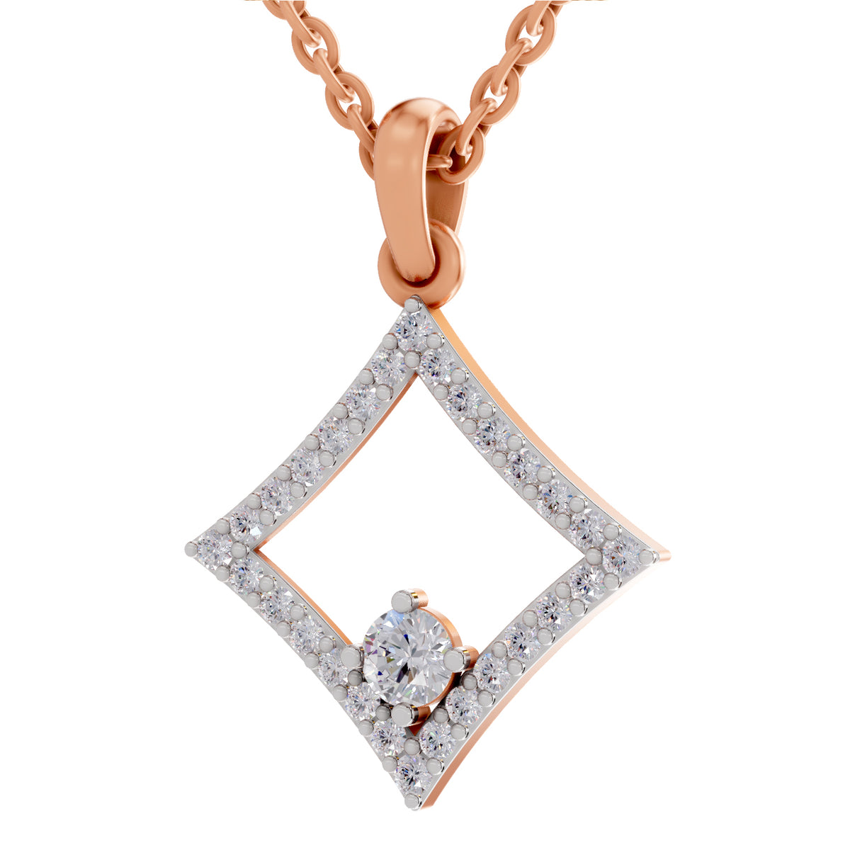 Rose gold diamond-shaped pendant necklace with a central round-cut diamond, set against a plain white background.