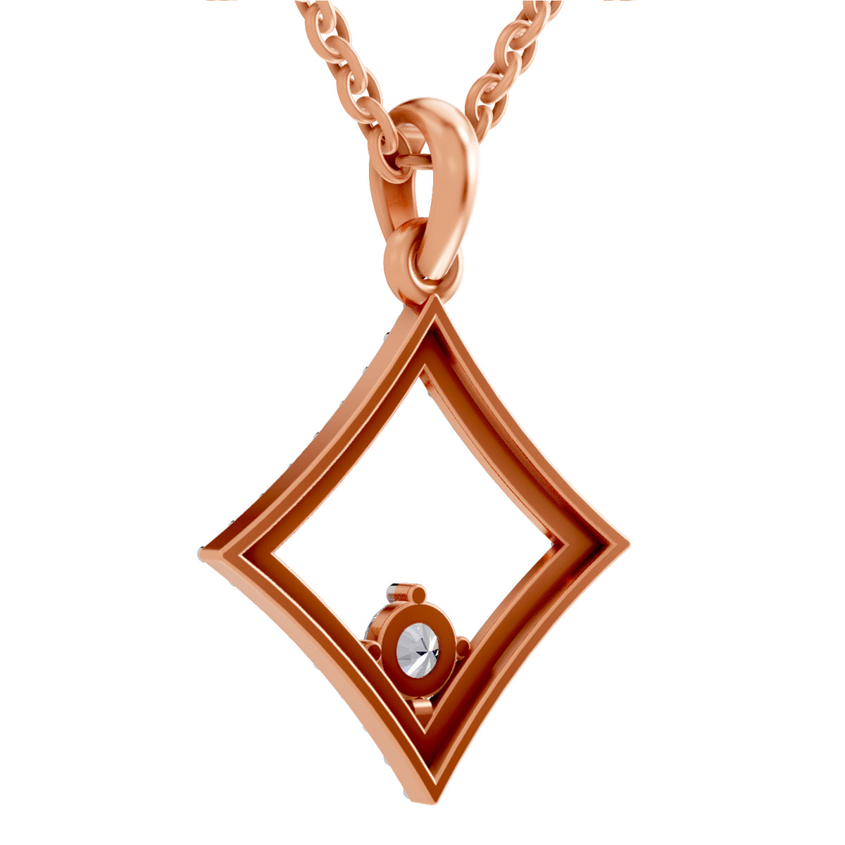 Rose gold geometric diamond-shaped pendant necklace with a small clear round gemstone, shown on a white background.