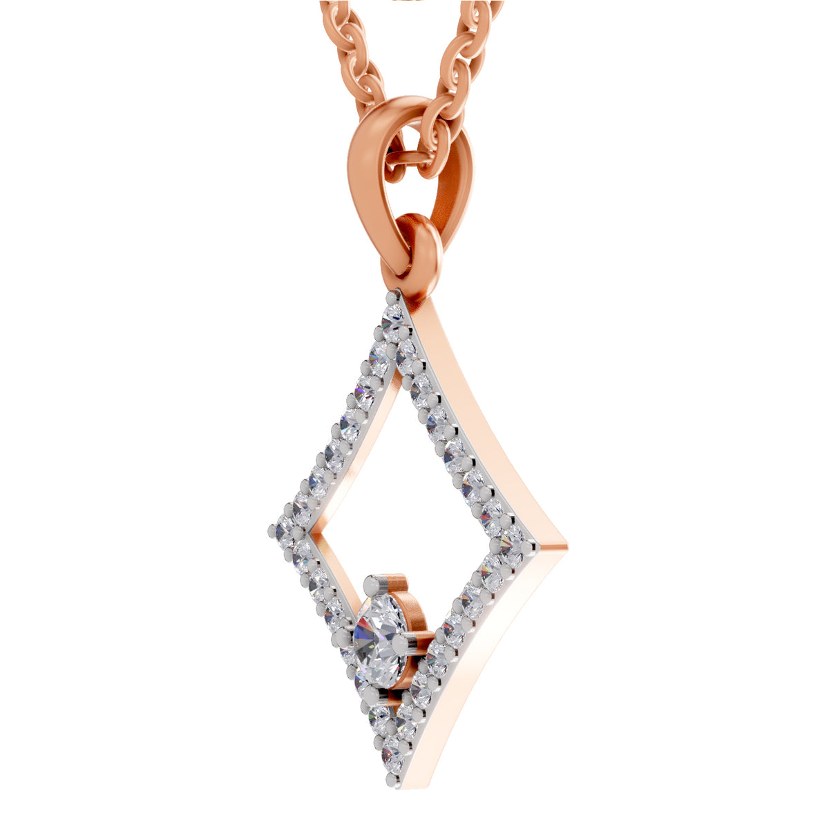 Rose gold geometric diamond pendant necklace with clear pavé stones and a central marquise-cut gemstone, shown on a white background.