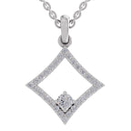 A silver diamond pendant necklace featuring a double-row diamond-shaped pavé setting with a central round-cut diamond, suspended from a matching link chain on a white background.