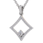 A silver diamond-shaped pendant necklace with a central round-cut clear gemstone surrounded by small pavé-set clear stones, shown on a white background.