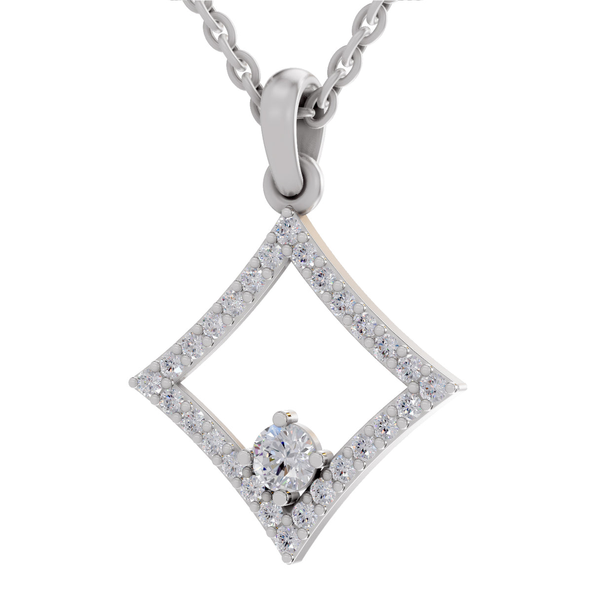A silver diamond-shaped pendant necklace with a central round-cut clear gemstone surrounded by small pavé-set clear stones, shown on a white background.