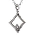 A silver-toned diamond-shaped pendant necklace with a small clear round gemstone, shown on a white background.