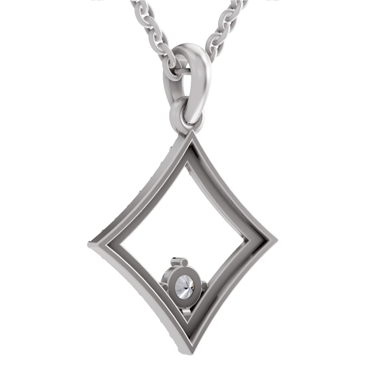 A silver-toned diamond-shaped pendant necklace with a small clear round gemstone, shown on a white background.