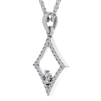 A silver-tone diamond-shaped pendant necklace with clear pavé stones and a central clear gemstone, shown on a white background.