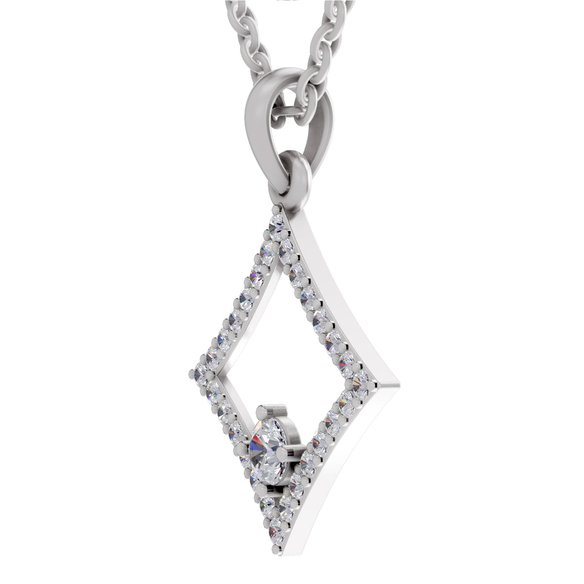 A silver-tone diamond-shaped pendant necklace with clear pavé stones and a central clear gemstone, shown on a white background.