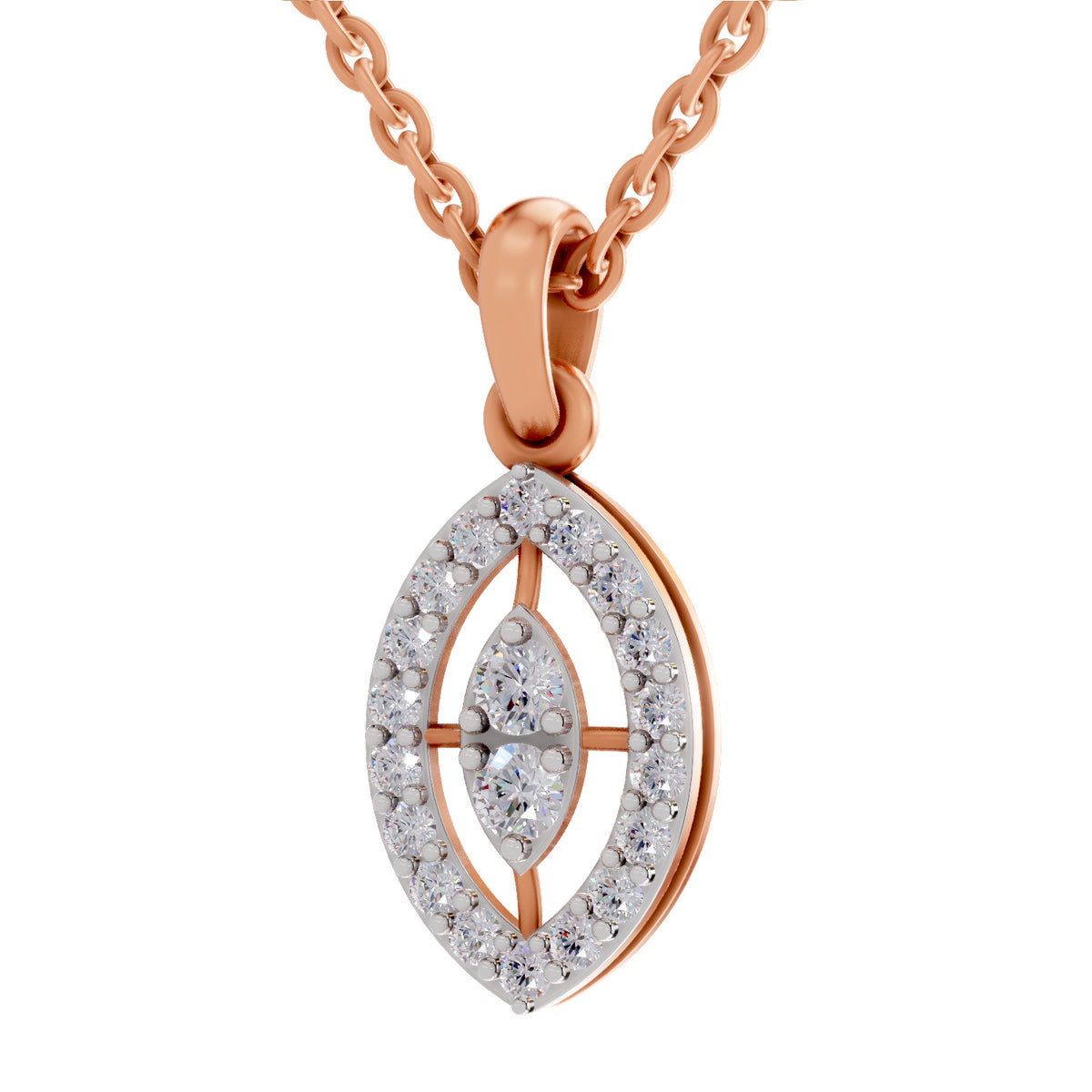 Rose gold pendant necklace featuring a marquise-cut diamond surrounded by a double halo of small round diamonds, suspended from a matching rose gold chain on a white background.
