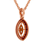 Rose gold oval pendant necklace featuring a stylized eye design with two small clear stones, set on a matching chain against a white background.