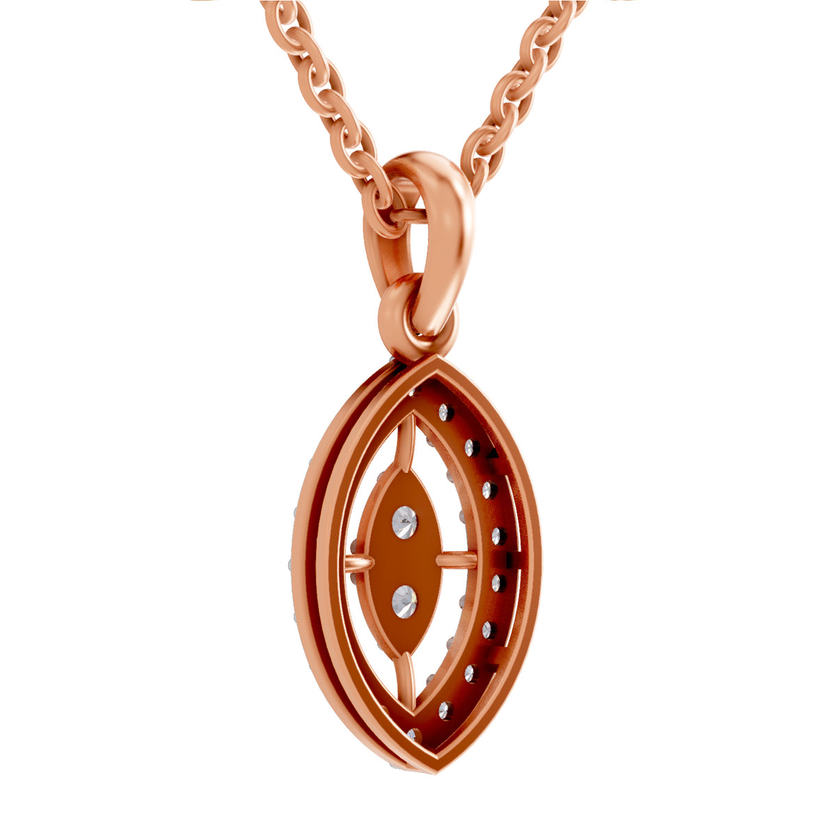 Rose gold oval pendant necklace featuring a stylized eye design with two small clear stones, set on a matching chain against a white background.