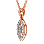 Rose gold double-oval pendant necklace with a central clear gemstone and surrounding pavé-set clear stones, shown on a white background.
