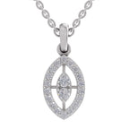 A silver-toned oval pendant necklace featuring a marquise-cut center stone surrounded by small pavé stones, shown on a white background.