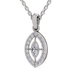 A silver-toned eye-shaped pendant necklace with a halo of small clear stones around the border and a central marquise-cut stone, shown on a white background.