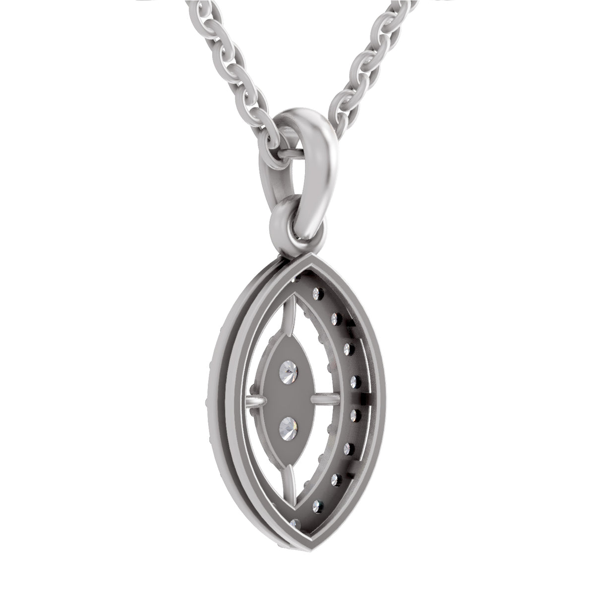 A silver-toned oval pendant necklace featuring a geometric, layered design with small clear stones, suspended from a matching chain against a plain white background.